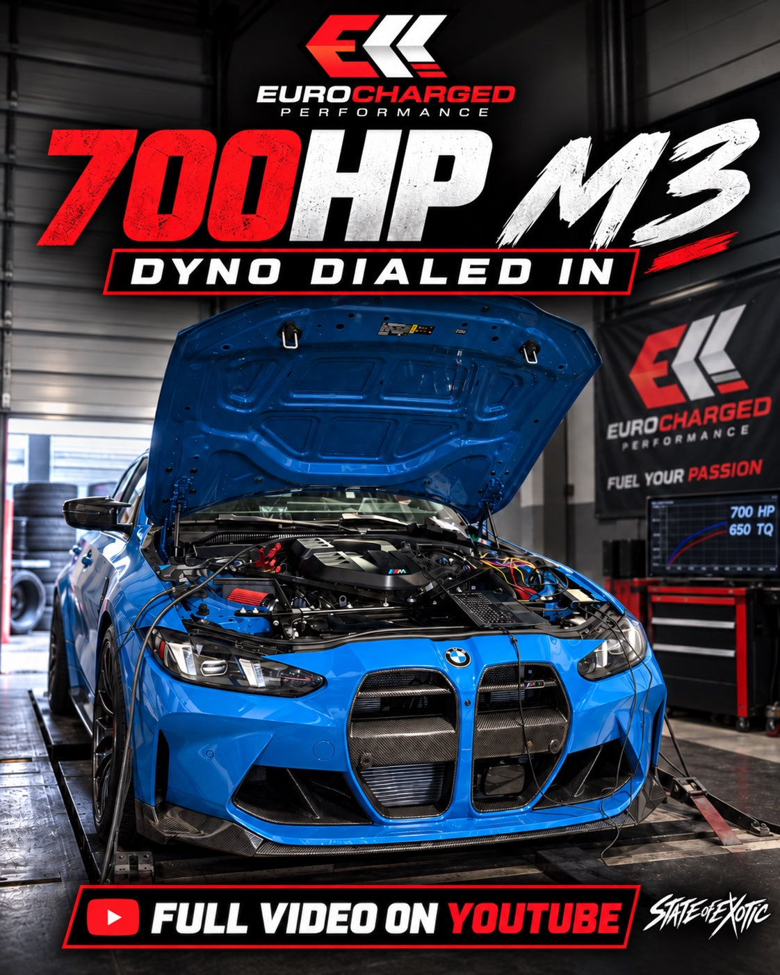 Eurocharged Performance 700HP BMW M3 dyno video poster for State of Exotic