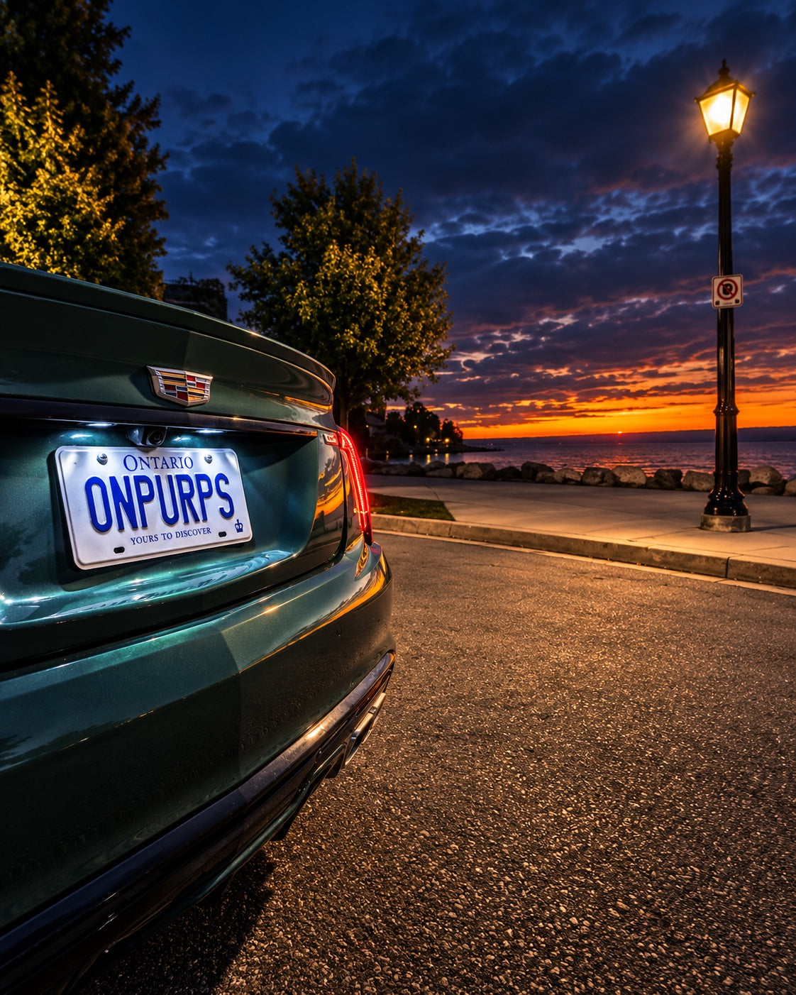 Cadillac CT5-V ONPURPS plate at sunrise