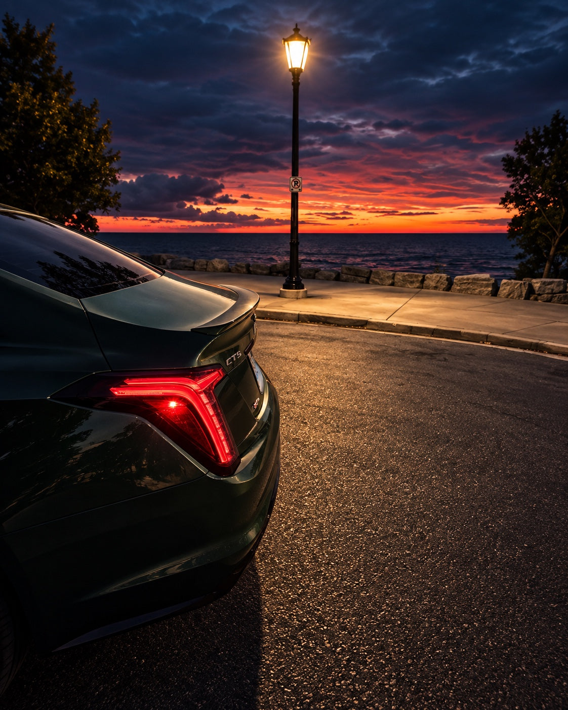Typhoon Green Cadillac CT5-V rear quarter at sunrise