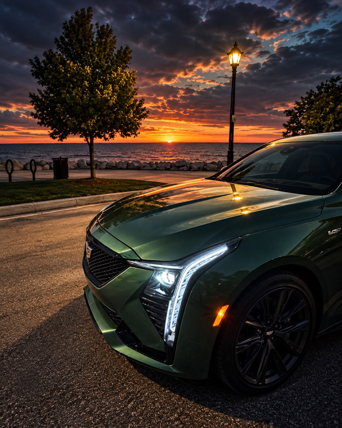 Typhoon Green Cadillac CT5-V at sunrise by the water