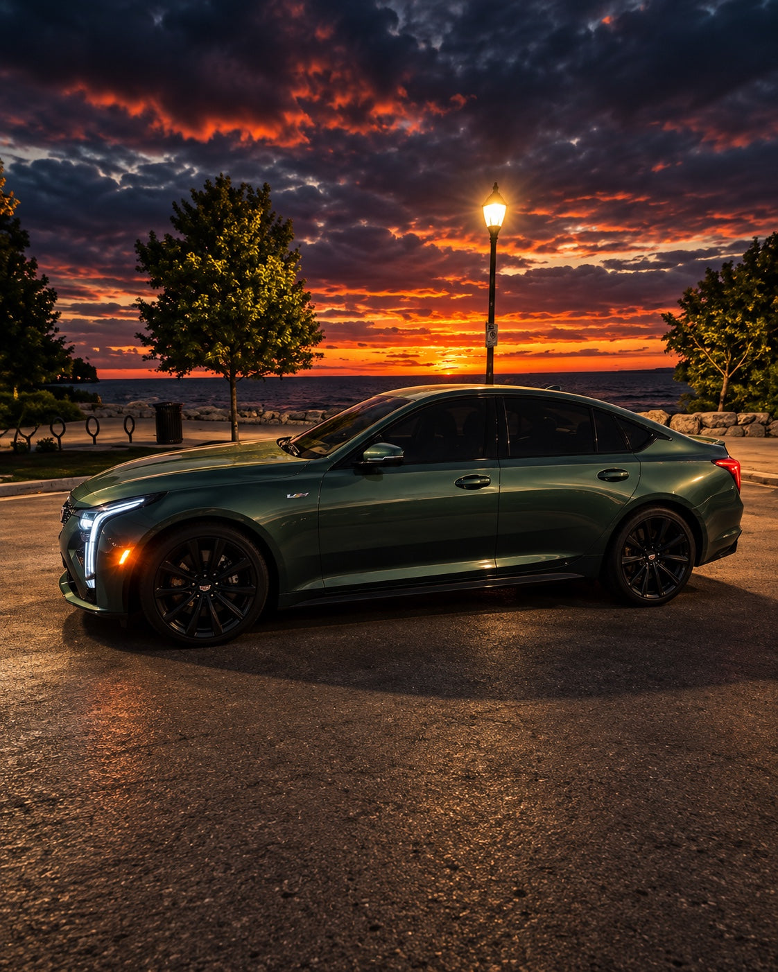 Typhoon Green Cadillac CT5-V side profile at sunrise